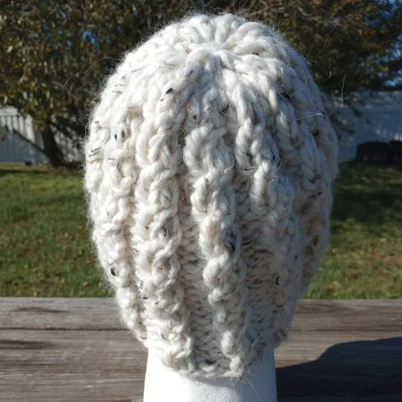 Alpaca Beanie Skully Hat Men Thick Chunky Hand Knit Wool Rib Biscotti White M-L - Picture 5 of 9